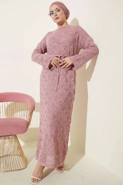 Belted Square Knit Dress Powder Pink Großhandel dress view 2 - Hicabistan Türkei Fabrik