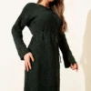 Belted Square Knit Dress Emerald al por mayor dress view 2 - Hicabistan fábrica Turquía