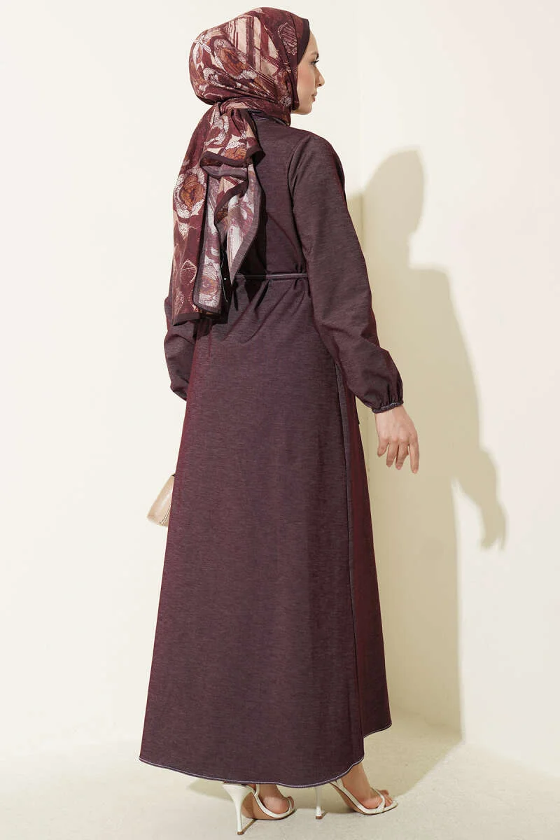 Belted Pleated Denim Dress Plum al por mayor dress view 3 - Hicabistan fábrica Turquía