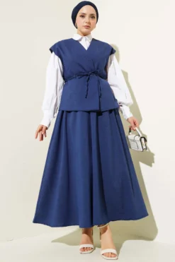 Belted Vest and Skirt Set Navy Blue