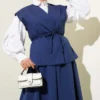 Belted Vest and Skirt Set Navy Blue بالجملة clothing set view 2 - Hicabistan مصنع تركيا
