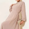 Chiffon Sleeved Embellished Evening Dress Beige groothandel dress view 2 - Hicabistan Turkije fabriek