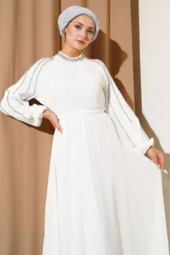 Alternative Ansicht von Chiffon Sleeved Embellished Evening Dress White