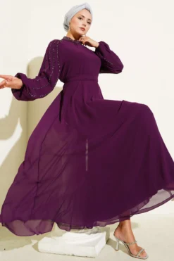 Chiffon Sleeved Embellished Evening Dress Purple