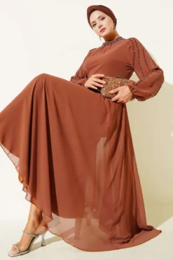 Chiffon Sleeved Embellished Evening Dress Tan