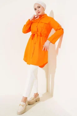 Alternative view of Double Pocket Waist Elastic Shirt Orange