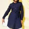 Belted Tunic with Double Pockets Navy Blue