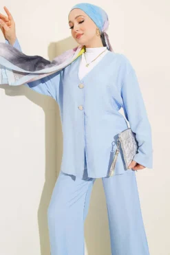 Double Button Kimono Set Blue