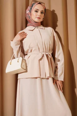 Alternative view of Double-Breasted Pocketed Belted Skirt Set Beige