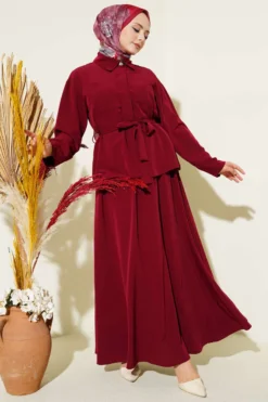 Double-Breasted Pocketed Belted Skirt Set Burgundy
