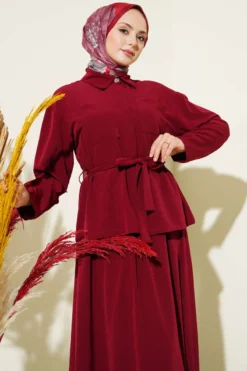 Alternative view of Double-Breasted Pocketed Belted Skirt Set Burgundy