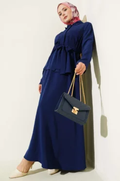 Double-Breasted Pocketed Belted Skirt Set Navy Blue