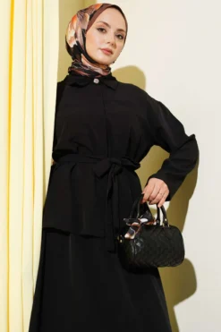 Alternative view of Double-Breasted Pocketed Belted Skirt Set Black