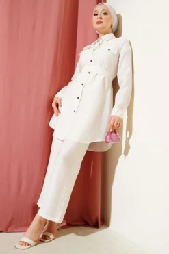 Balloon Sleeve Satin Dress with Rose Accessory Ecru Großhandel clothing set - Hicabistan Türkei Fabrik