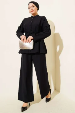 Double Pleated Mandarin Collar Two-Piece Set Black wholesale clothing set view 2 - Hicabistan Turkey factory