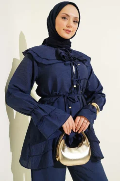 Alternative view of Double Collar Tied Two-Piece Set Navy Blue