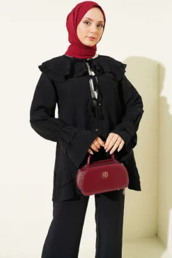 Alternative view of Double Collar Tied Two-Piece Set Black
