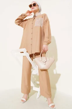 Striped Detail Pocket Shirt Set wholesale clothing set - Hicabistan Turkey factory
