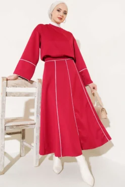 Striped Detail Skirted Scuba Two-Piece Set Burgundy wholesale clothing set - Hicabistan Turkey factory