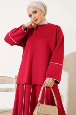 Striped Detail Skirted Scuba Two-Piece Set Burgundy wholesale clothing set view 2 - Hicabistan Turkey factory