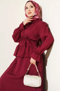 Striped Stitch Detailed Skirt Set Burgundy all'ingrosso clothing set view 2 - Hicabistan fabbrica Turchia