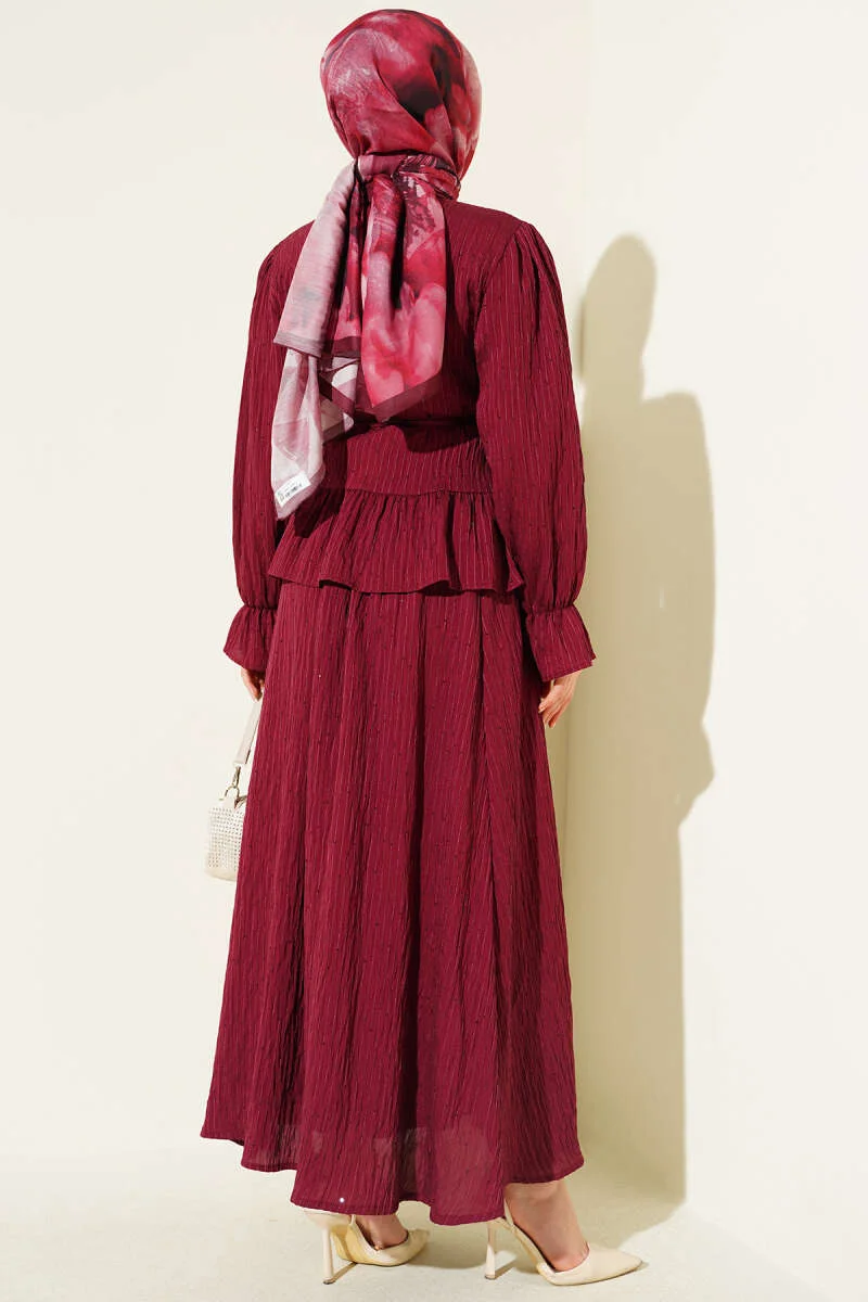 Striped Stitch Detailed Skirt Set Burgundy - Image 3