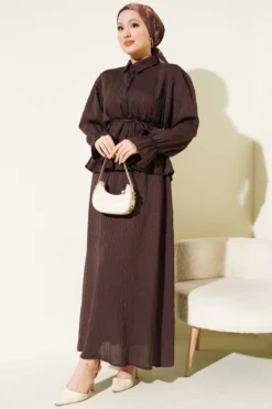 Striped Stitch Detailed Skirt Set Brown all'ingrosso clothing set view 2 - Hicabistan fabbrica Turchia