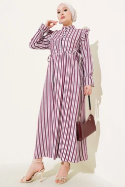 Striped Button Shoulder Ruffled Dress Burgundy