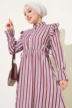 Alternative view of Striped Button Shoulder Ruffled Dress Burgundy