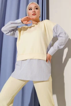 Striped Tunic Set Yellow wholesale clothing set view 2 - Hicabistan Turkey factory