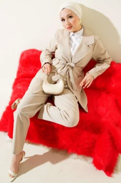 Striped Double-Breasted Jacket Set Beige en gros clothing set - Hicabistan usine Turquie