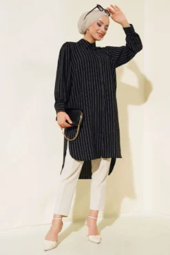 Striped Long Loose Shirt Black