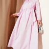 Striped Half Button Tie Dress Pink