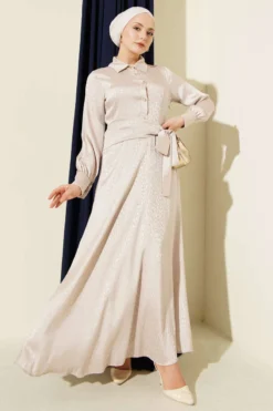 Jacquard Side Tie Evening Dress Beige wholesale dress - Hicabistan Turkey factory