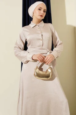 Jacquard Side Tie Evening Dress Beige wholesale dress view 2 - Hicabistan Turkey factory