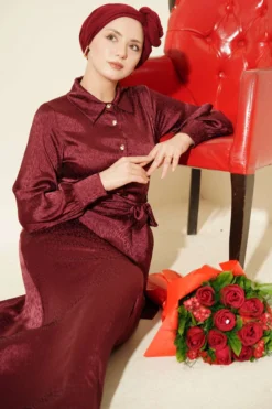 Jacquard Side Tie Evening Dress Burgundy Großhandel dress - Hicabistan Türkei Fabrik