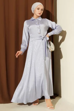 Jacquard Side Tie Evening Dress Lilac Großhandel dress - Hicabistan Türkei Fabrik