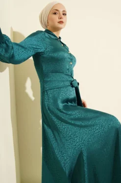 Jacquard Side Tie Evening Dress Petrol Großhandel dress - Hicabistan Türkei Fabrik