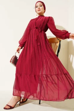 Frill Pleated Dress Burgundy