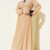 Frill Pleated Dress Camel al por mayor dress view 2 - Hicabistan fábrica Turquía
