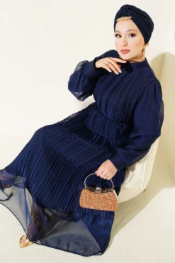 Frill Pleated Dress Navy Blue