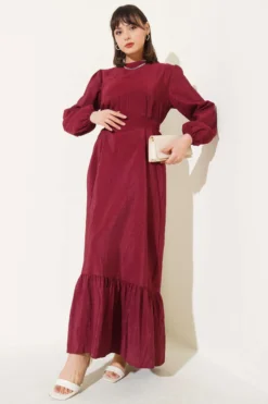Wrinkled Texture Belted Dress Burgundy