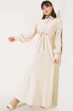 Wrinkled Texture Half Button Dress Beige