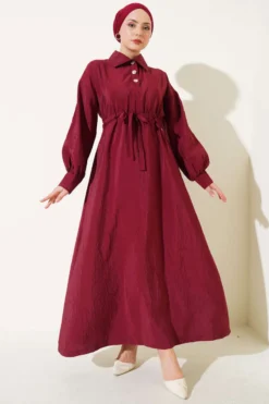 Wrinkled Texture Half Button Dress Burgundy