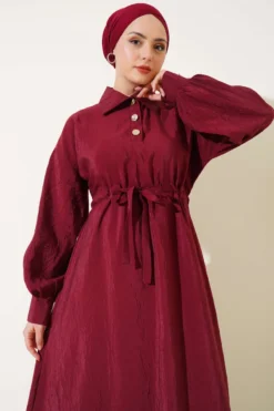 Alternative view of Wrinkled Texture Half Button Dress Burgundy