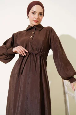 Alternative view of Wrinkled Texture Half Button Dress Brown