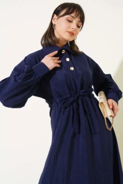 Alternative view of Wrinkled Texture Half Button Dress Navy Blue