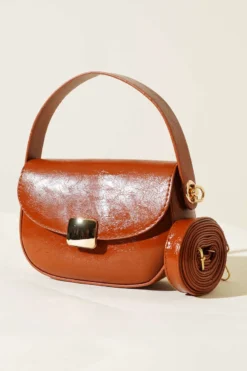 Wrinkled Patent Leather Bag with Metal Buckle Magnetic Tan