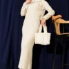 Faux Fur Detailed Knit Dress Ecru Großhandel dress - Hicabistan Türkei Fabrik