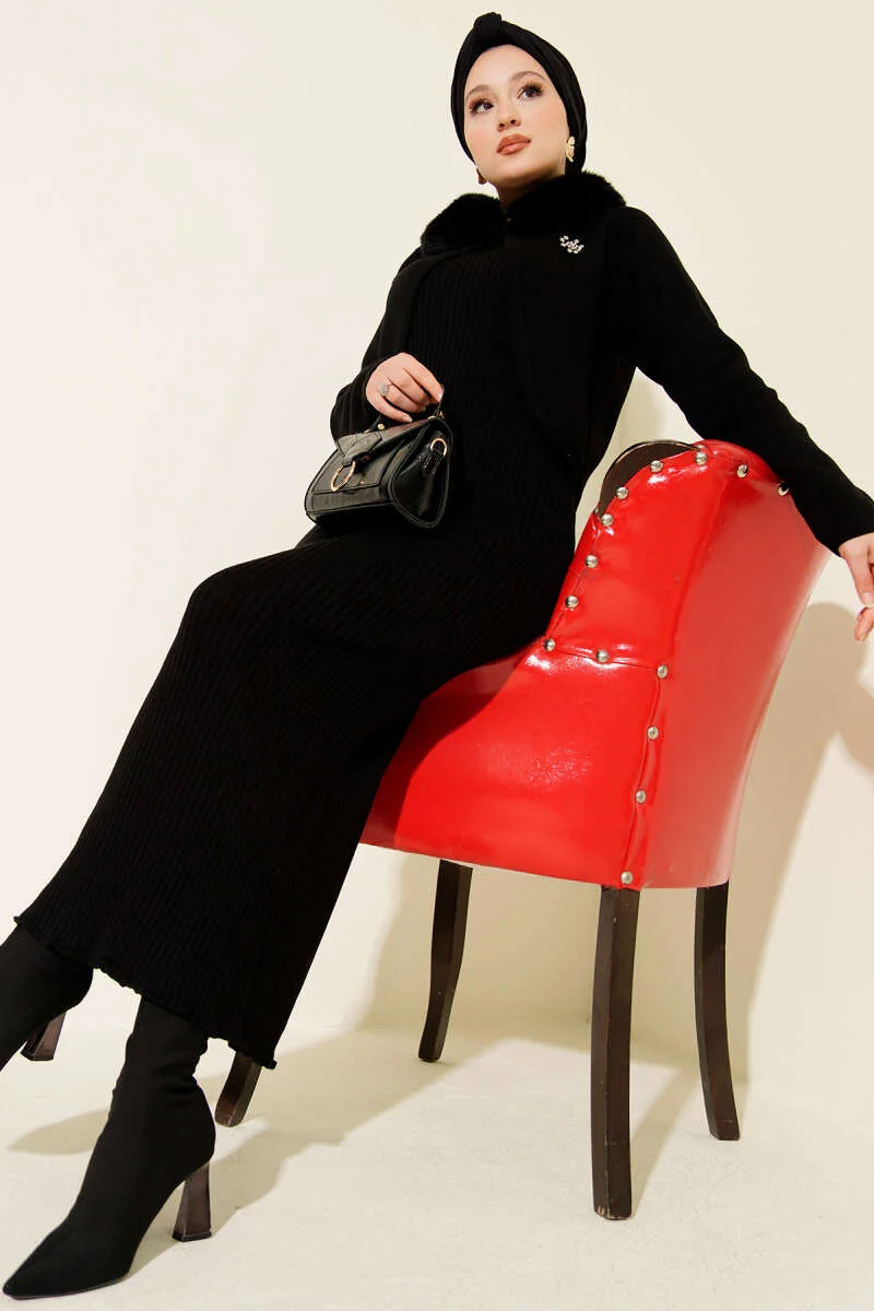 Faux Fur Detailed Knit Dress Black en gros dress view 2 - Hicabistan usine Turquie